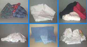 Janitorial-Merchandise.Com’s Picture of Cotton Cloth Wipers,  Paper Wipers,  Terry Cloth, Cotton Knit Wipers,  Cut-up pieces of T-Shirt Material,  Blue Huck and Surgical Towels,  and Shop Towels.